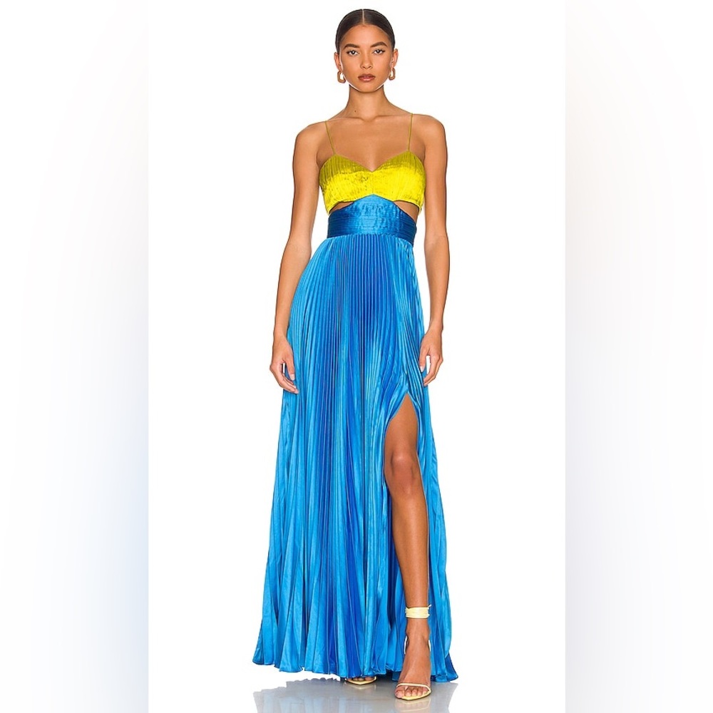Blue and green/yellow pleated formal dress with cut outs